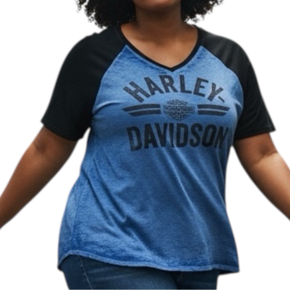 Harley Davidson Daytona Blue Burnout Black Raglan V-Neck Graphic Dealership Tee